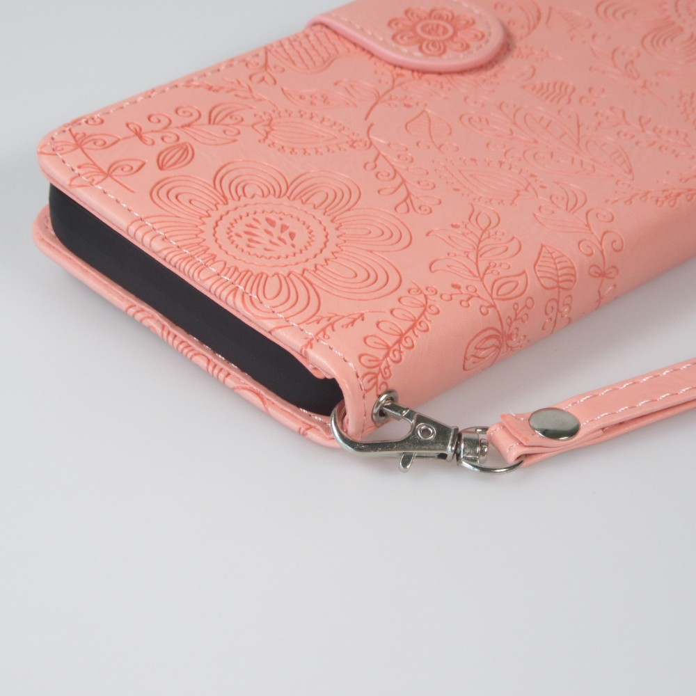 iPhone 16 Pro Max Case H&uuml;lle - Flip Kartenetui Blumenmuster mit Lanyard - Rosa