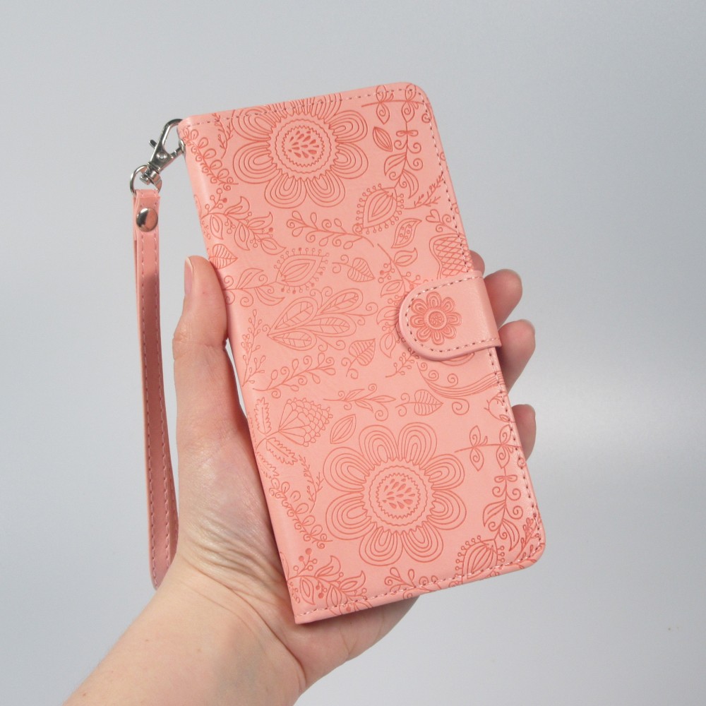 iPhone 16 Pro Max Case H&uuml;lle - Flip Kartenetui Blumenmuster mit Lanyard - Rosa
