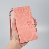 iPhone 16 Pro Max Case H&uuml;lle - Flip Kartenetui Blumenmuster mit Lanyard - Rosa