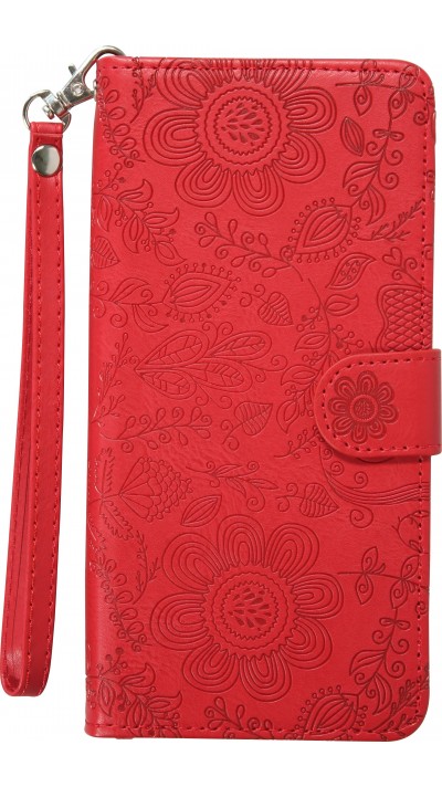 iPhone 16 Pro Max Case Hülle - Flip Kartenetui Blumenmuster mit Lanyard - Rot