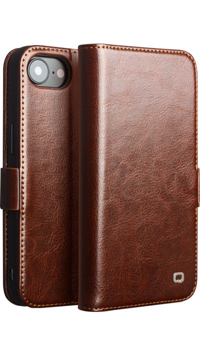 iPhone 16e Case Hülle - Flip Qialino Echtleder mit magnetischem Verschluss - Braun