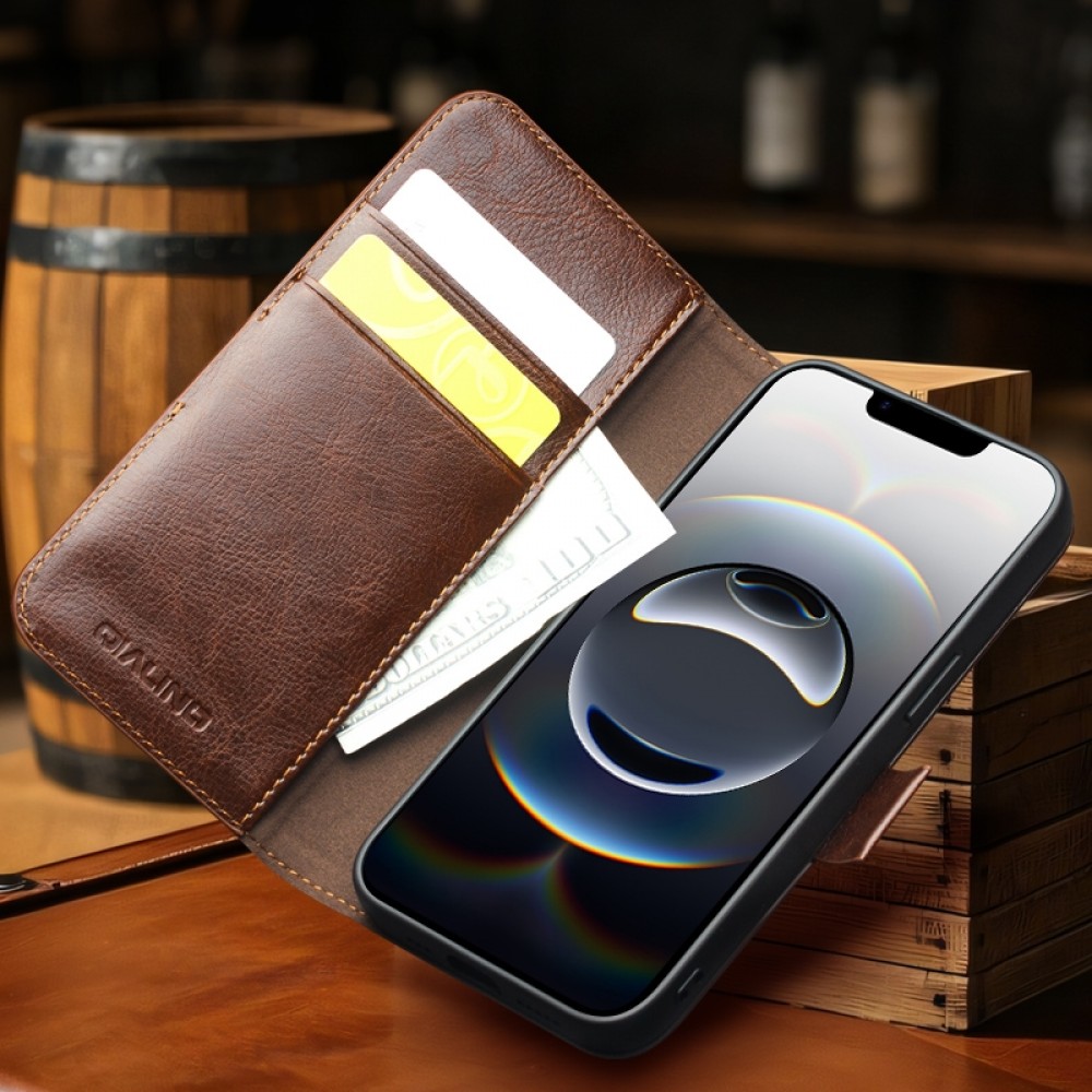 iPhone 16e Case Hülle - Flip Qialino Echtleder mit magnetischem Verschluss - Braun