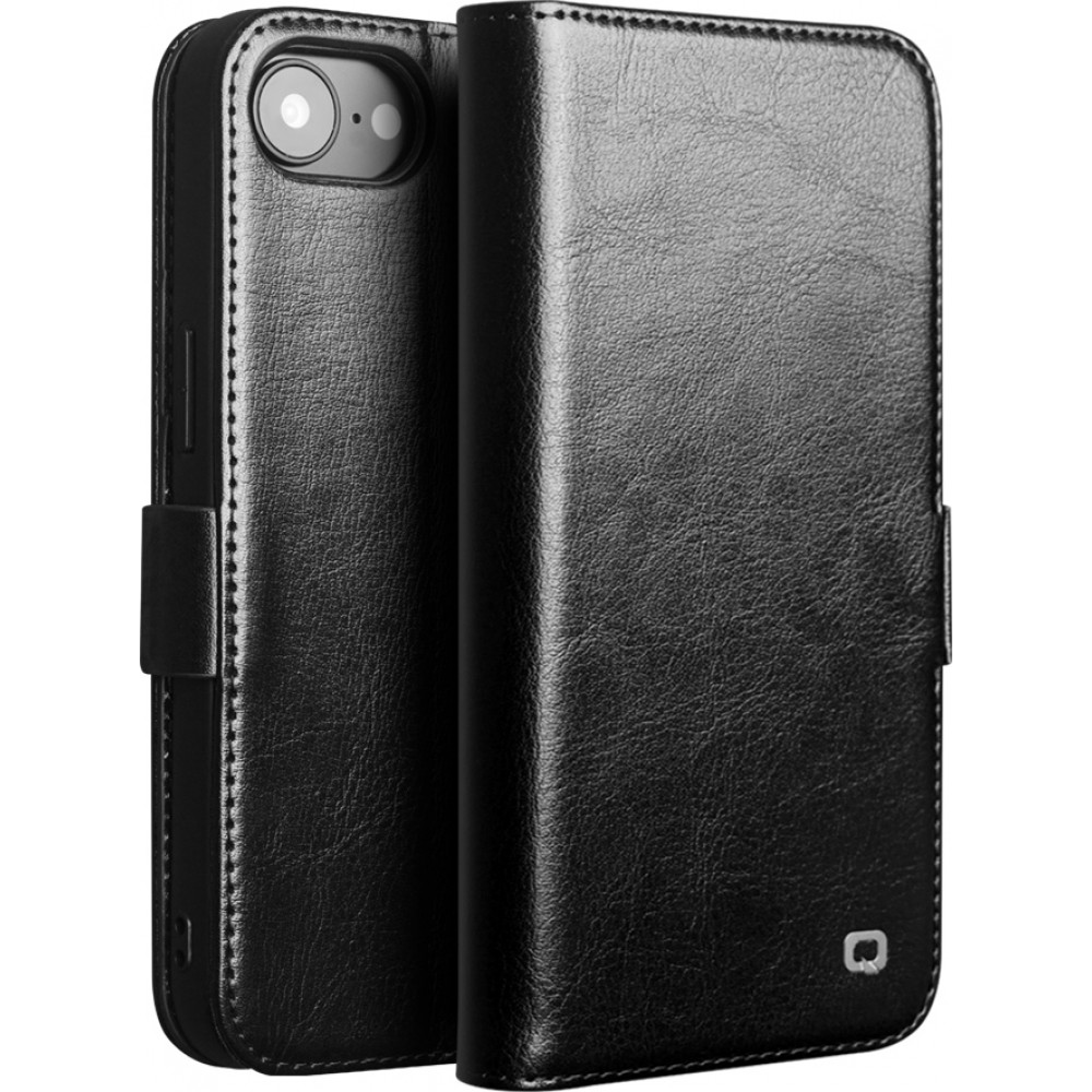 iPhone 16e Case Hülle - Flip Qialino Echtleder mit magnetischem Verschluss - Schwarz