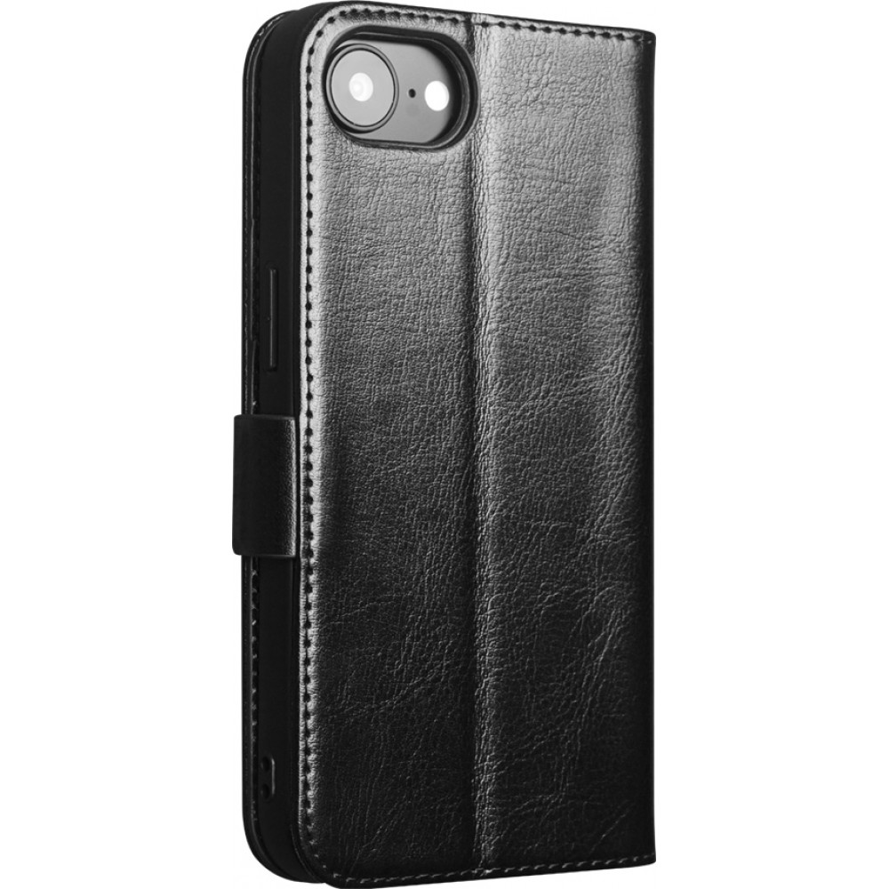 iPhone 16e Case Hülle - Flip Qialino Echtleder mit magnetischem Verschluss - Schwarz