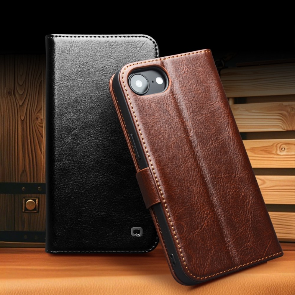 iPhone 16e Case Hülle - Flip Qialino Echtleder mit magnetischem Verschluss - Schwarz