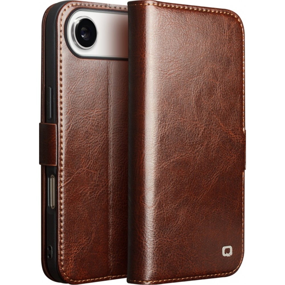 iPhone 17 Air Case Hülle - Flip Qialino Echtleder mit magnetischem Verschluss - Braun