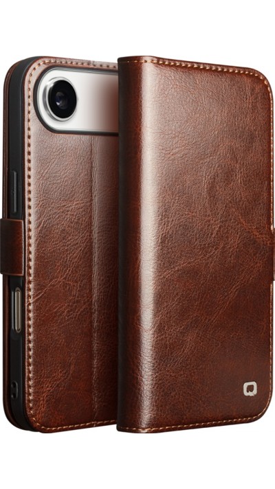 iPhone 17 Air Case Hülle - Flip Qialino Echtleder mit magnetischem Verschluss - Braun