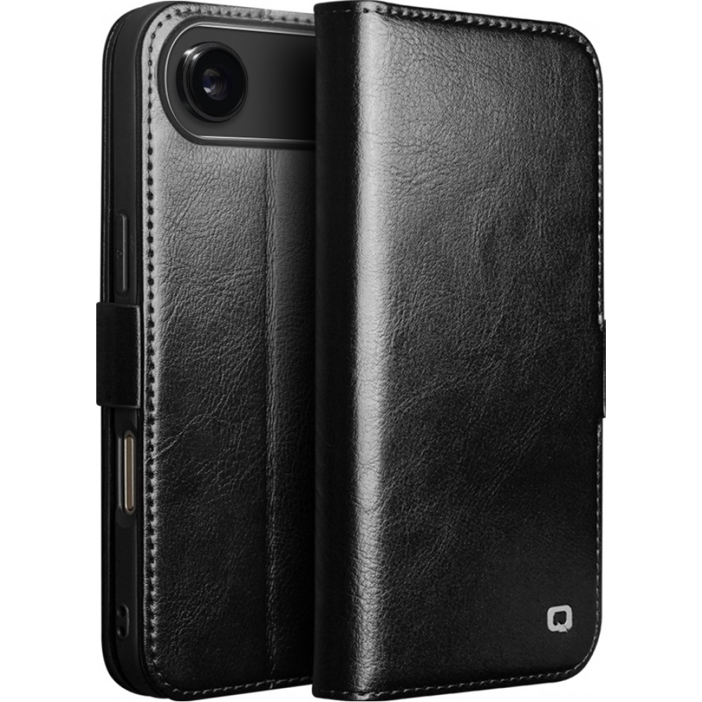 iPhone 17 Air Case Hülle - Flip Qialino Echtleder mit magnetischem Verschluss - Schwarz