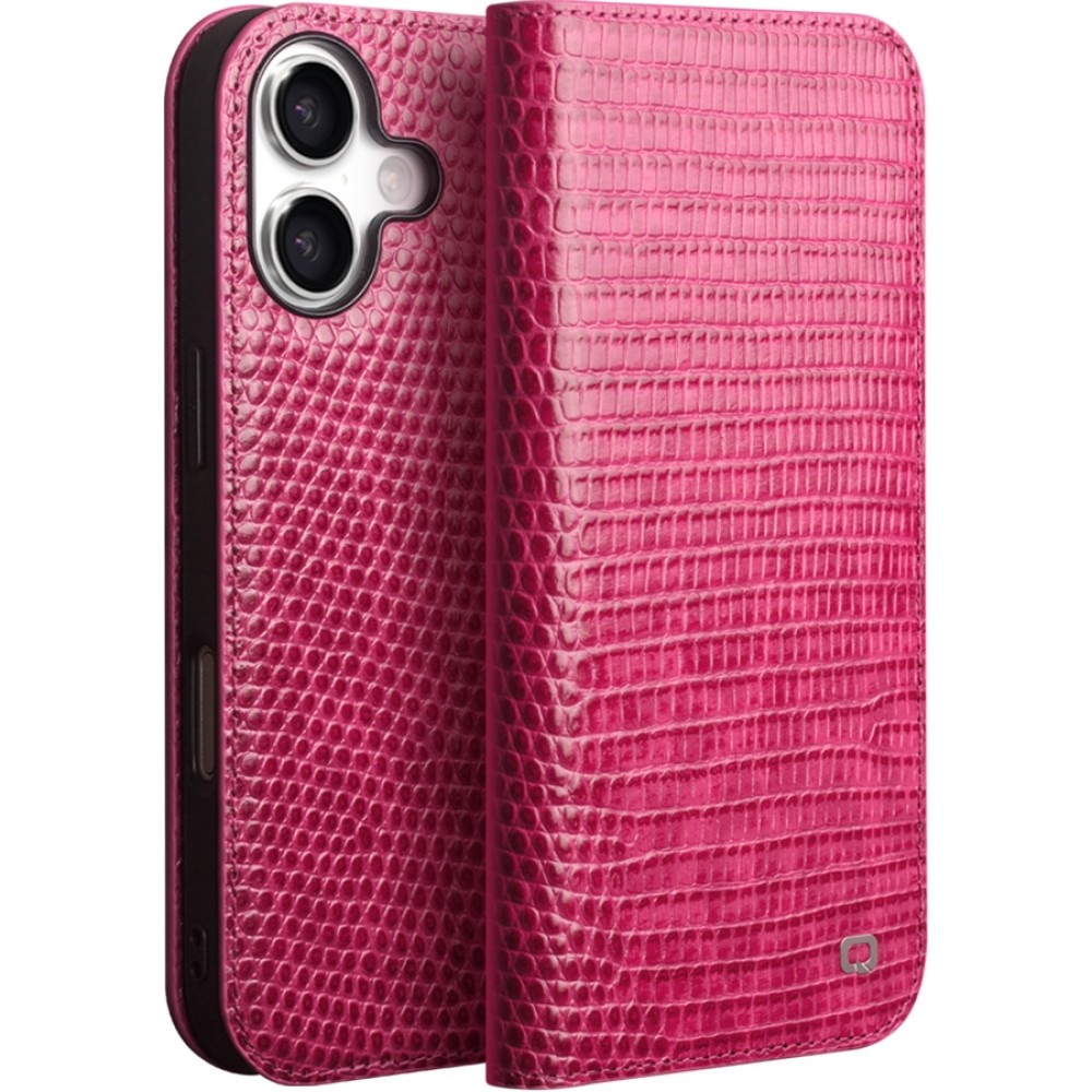 iPhone 17 Case Hülle - Qialino Croco Flip Echtleder - Rosa