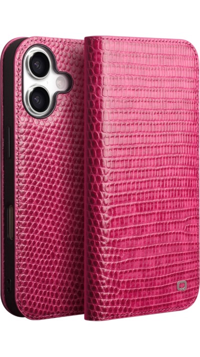 iPhone 17 Case Hülle - Qialino Croco Flip Echtleder - Rosa