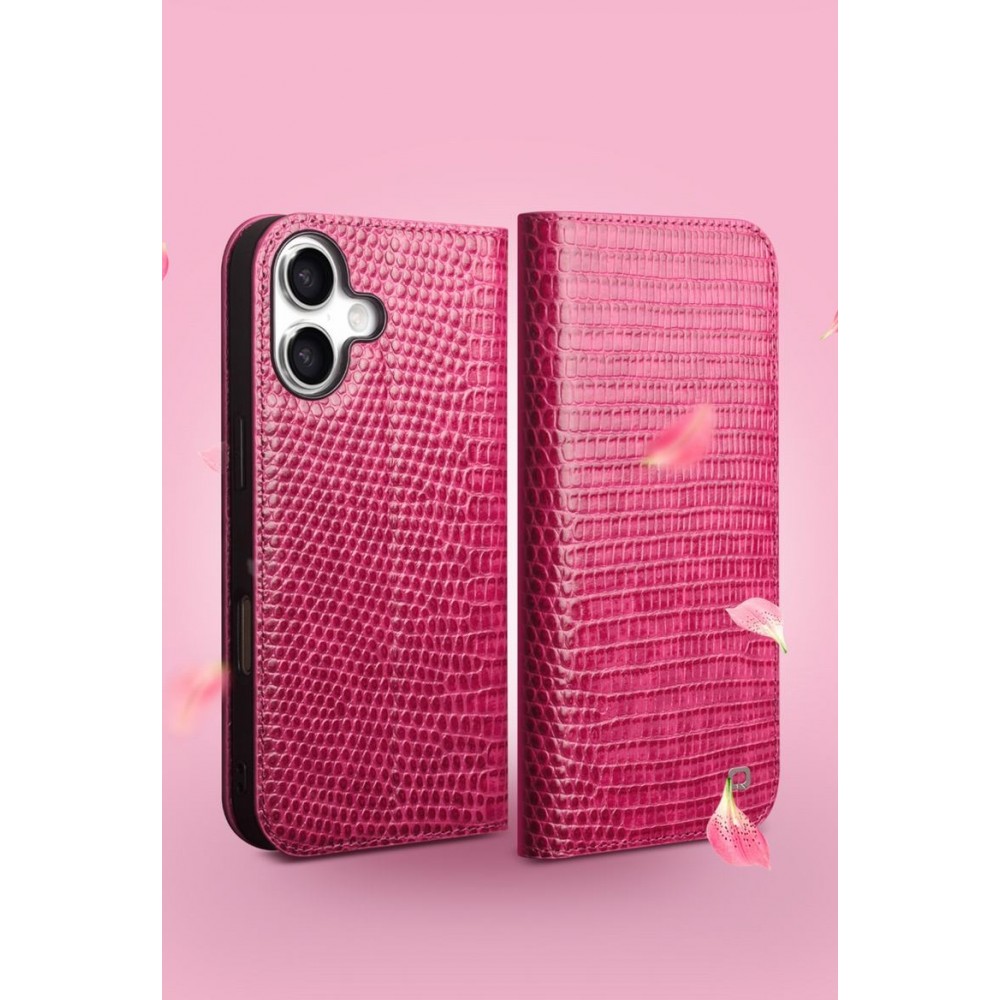 iPhone 17 Case Hülle - Qialino Croco Flip Echtleder - Rosa