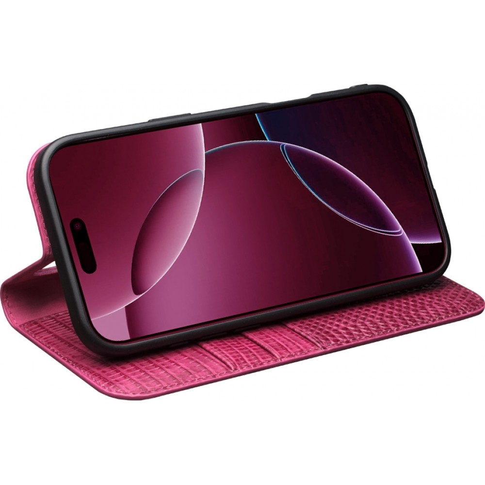 iPhone 17 Case Hülle - Qialino Croco Flip Echtleder - Rosa