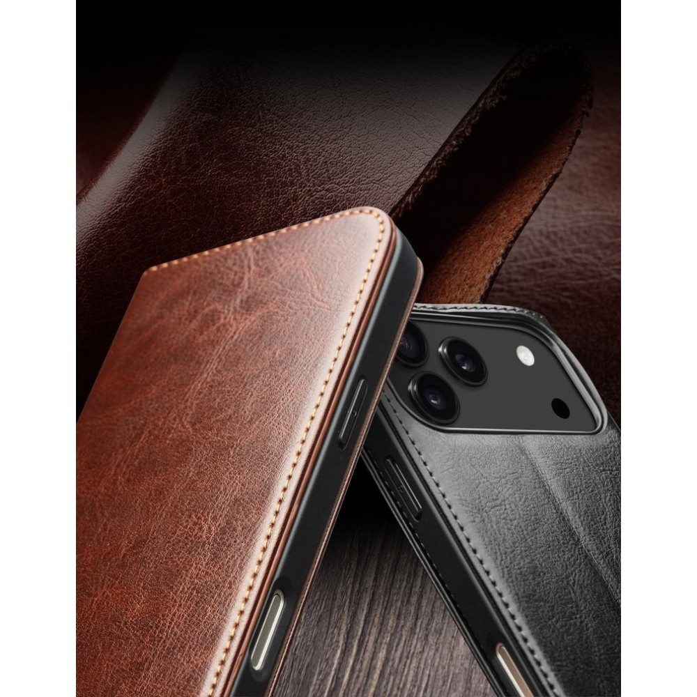 iPhone 17 Case Hülle - Qialino Flip Classic Wallet Echtleder - Braun