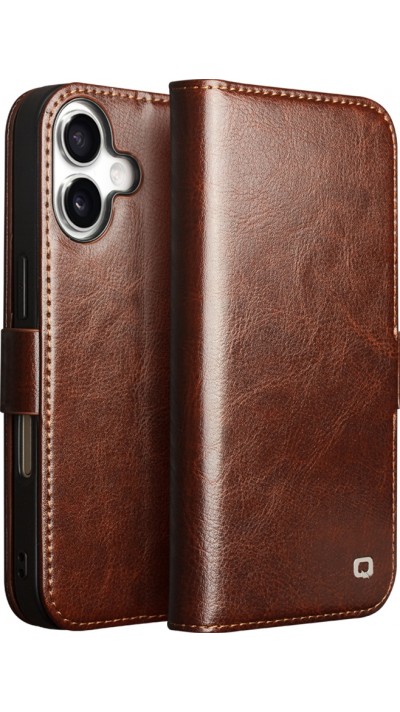 iPhone 17 Case Hülle - Flip Qialino Echtleder mit magnetischem Verschluss - Braun