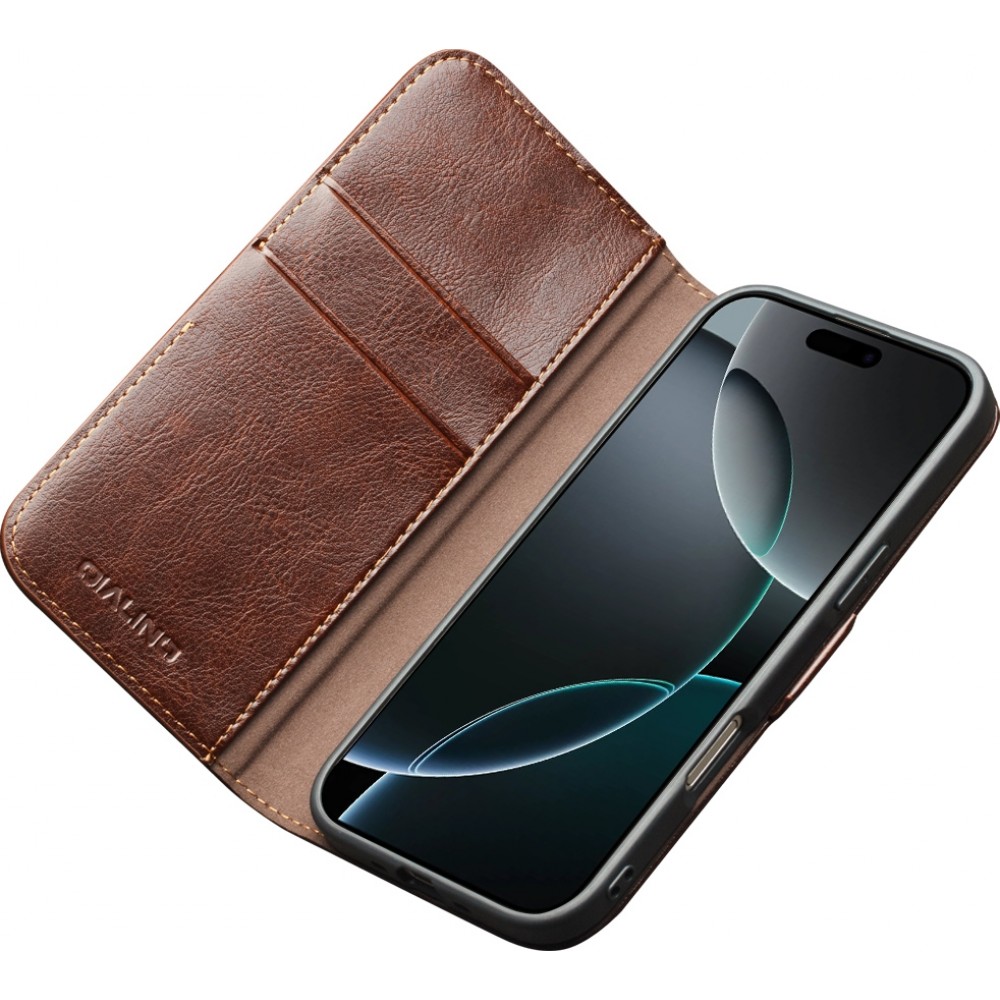 iPhone 17 Case Hülle - Flip Qialino Echtleder mit magnetischem Verschluss - Braun