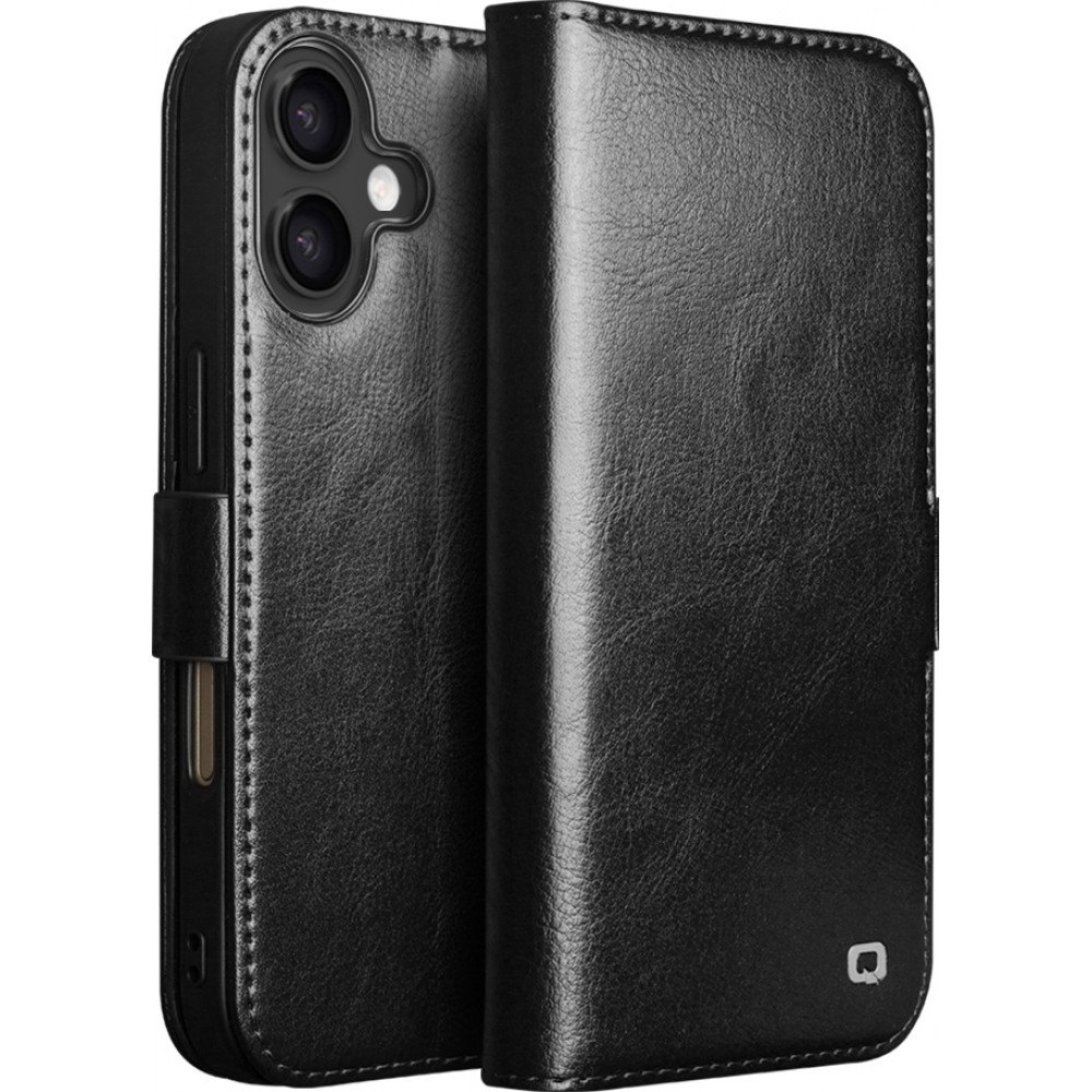 iPhone 17 Case Hülle - Flip Qialino Echtleder mit magnetischem Verschluss - Schwarz