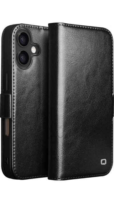 iPhone 17 Case Hülle - Flip Qialino Echtleder mit magnetischem Verschluss - Schwarz