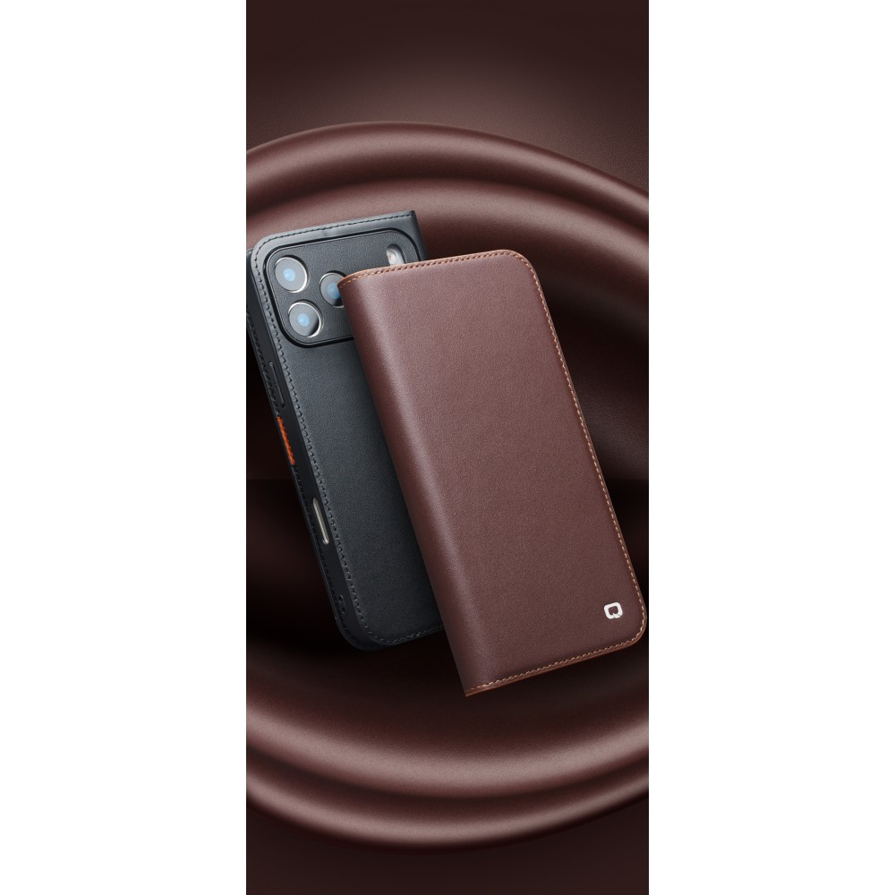 iPhone 17 Case Hülle - Qialino Flip Matt Wallet Echtleder - Braun