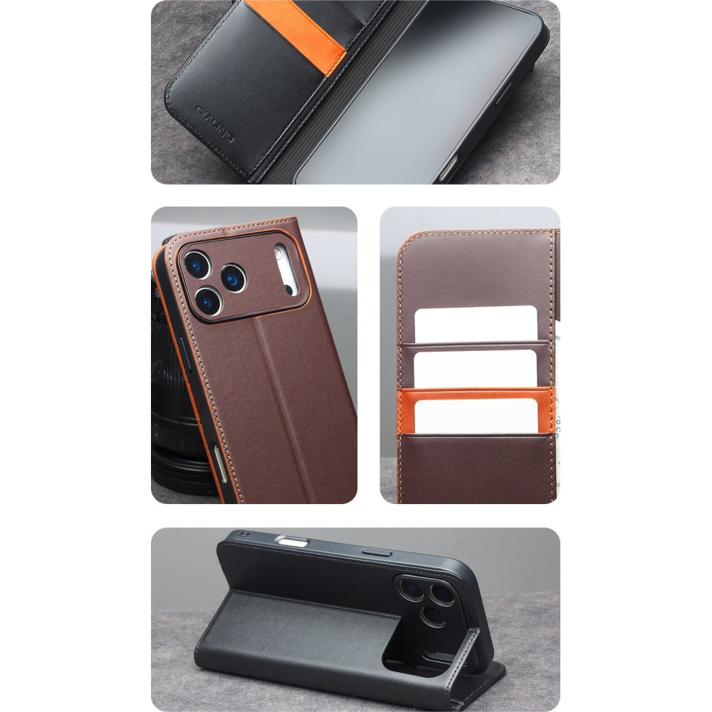iPhone 17 Case Hülle - Qialino Flip Matt Wallet Echtleder - Schwarz
