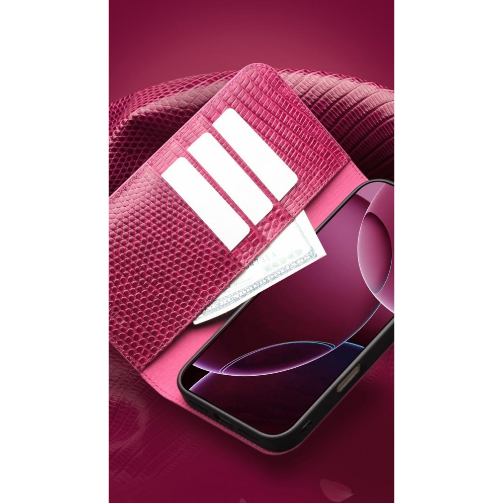 iPhone 17 Pro Case Hülle - Qialino Croco Flip Echtleder - Rosa