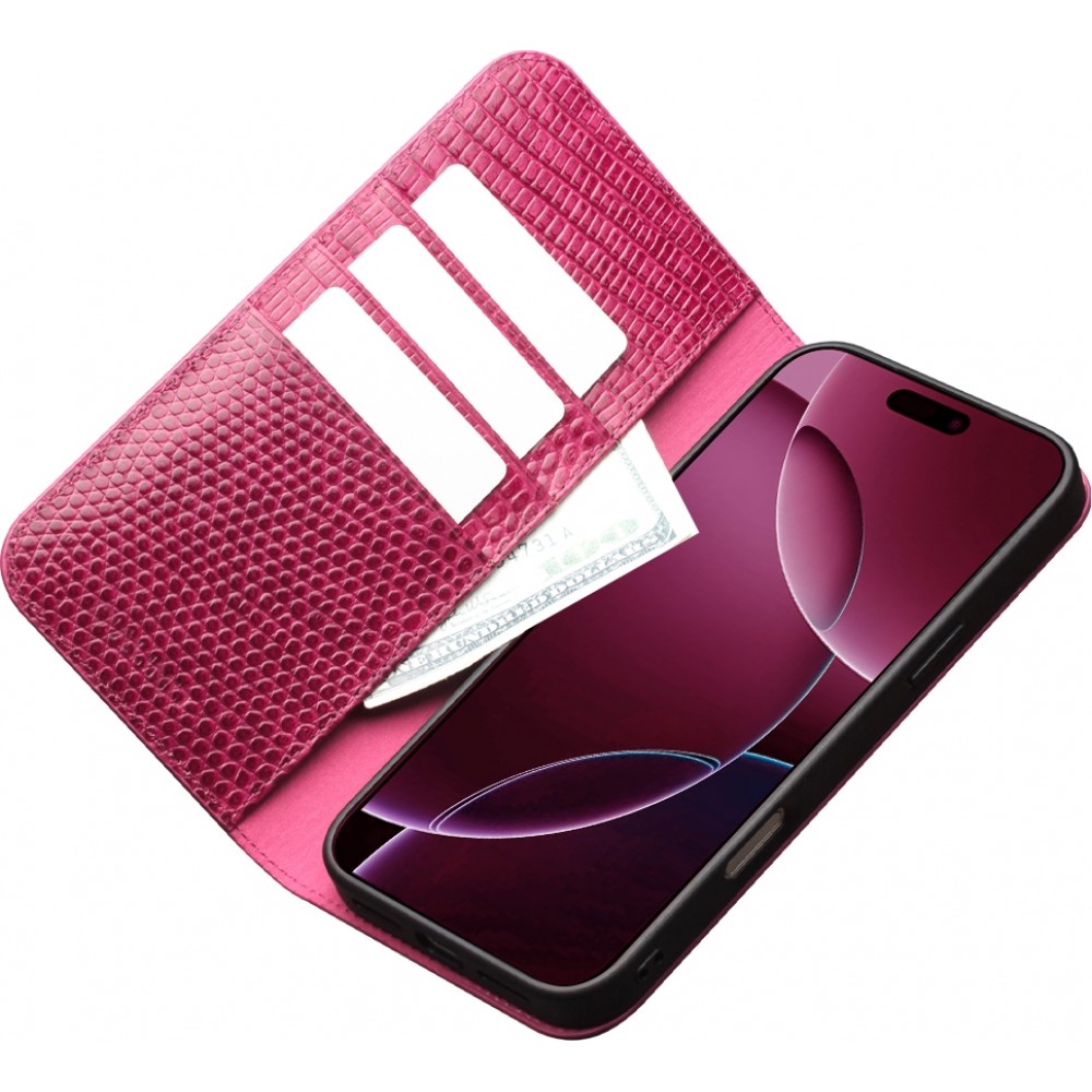 iPhone 17 Pro Case Hülle - Qialino Croco Flip Echtleder - Rosa