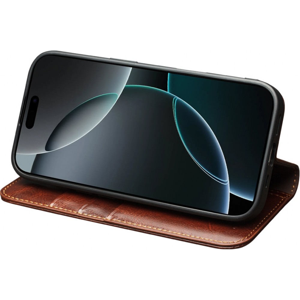iPhone 17 Pro Max Case Hülle - Qialino Flip Classic Wallet Echtleder - Braun