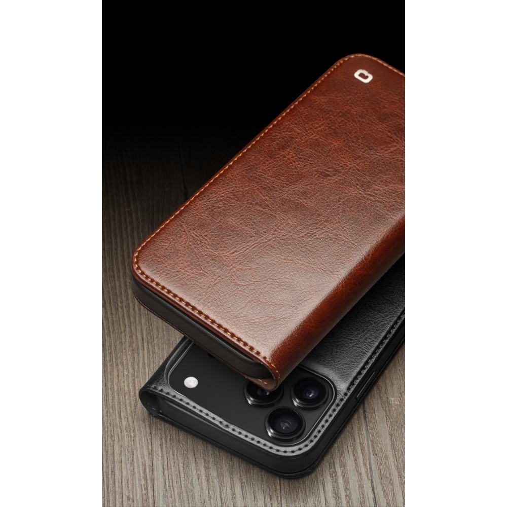 iPhone 17 Pro Max Case Hülle - Qialino Flip Classic Wallet Echtleder - Schwarz