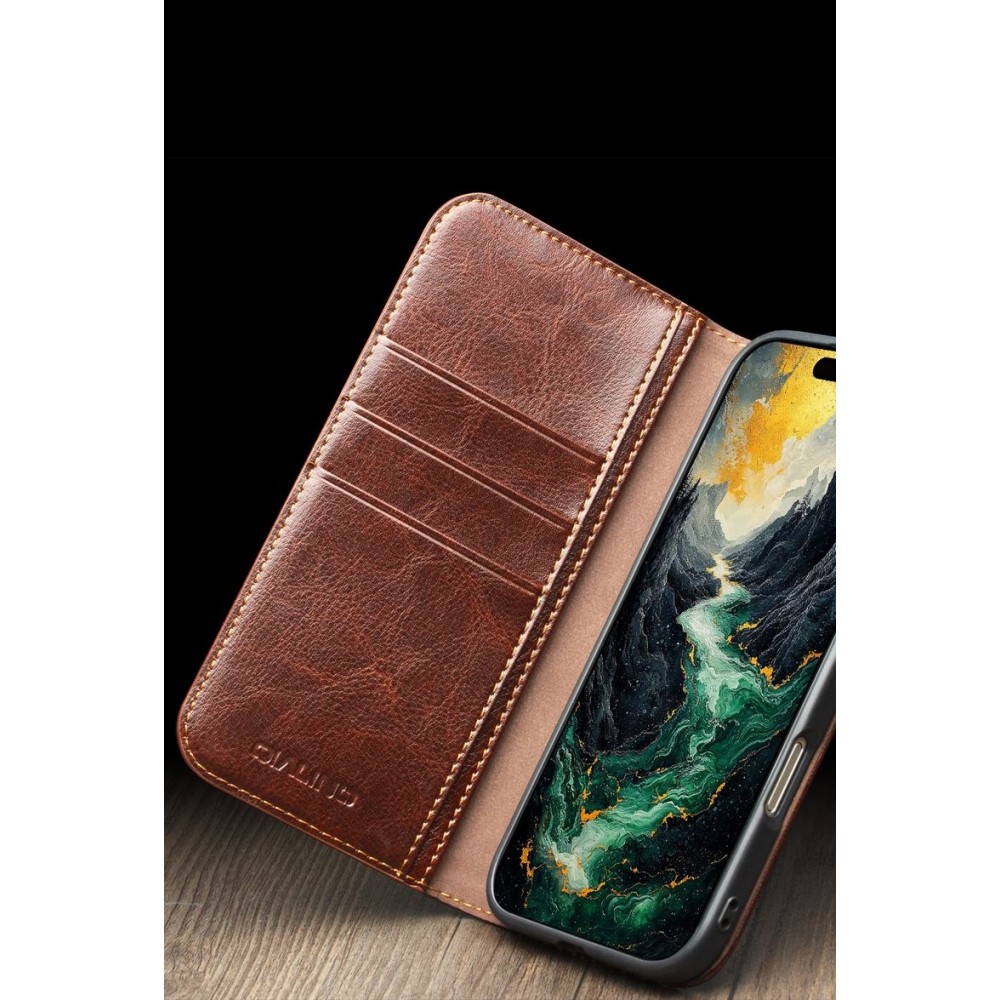 iPhone 17 Pro Max Case Hülle - Qialino Flip Classic Wallet Echtleder - Schwarz