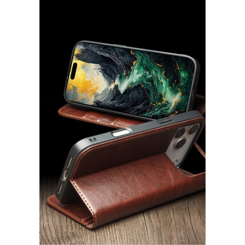 iPhone 17 Pro Max Case Hülle - Qialino Flip Classic Wallet Echtleder - Schwarz
