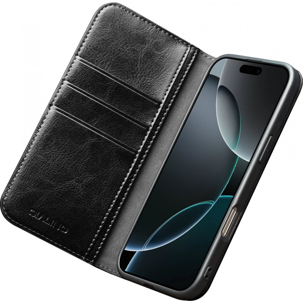 iPhone 17 Pro Max Case Hülle - Qialino Flip Classic Wallet Echtleder - Schwarz