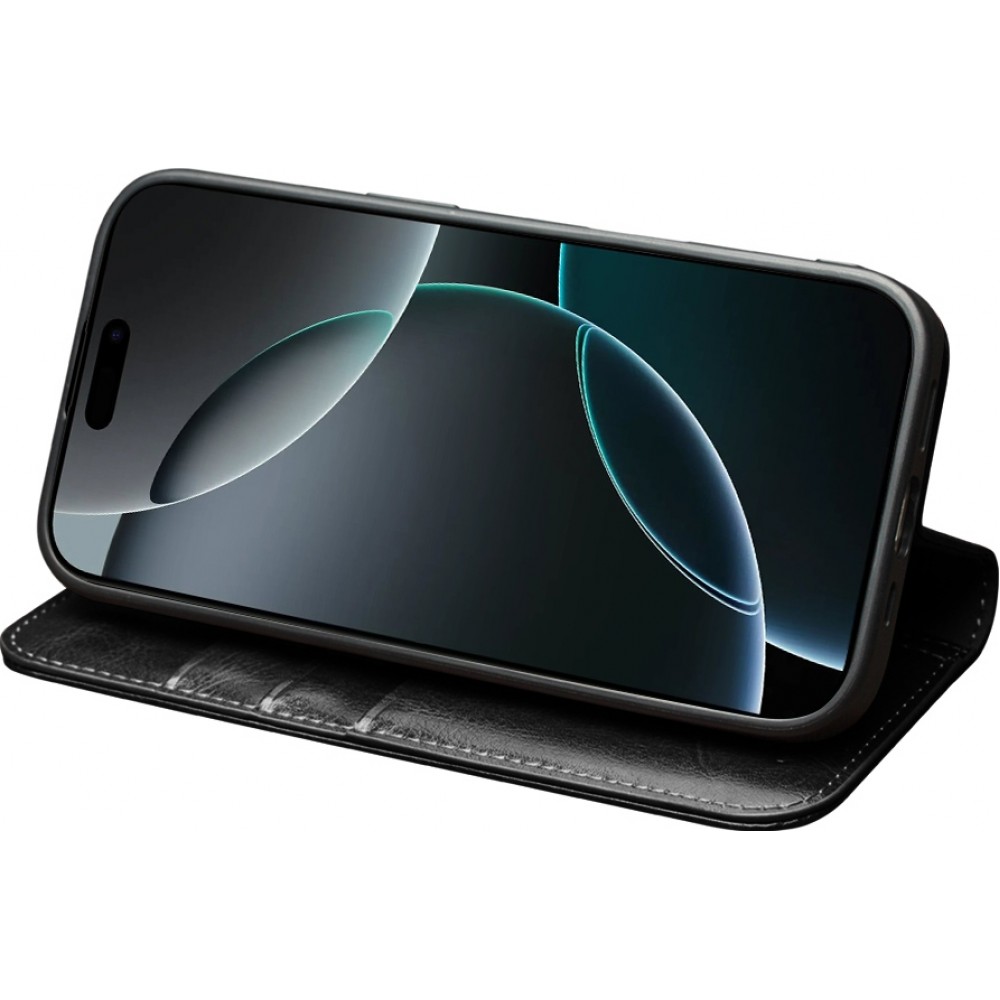 iPhone 17 Pro Max Case Hülle - Qialino Flip Classic Wallet Echtleder - Schwarz
