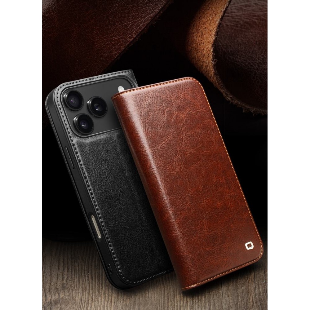 iPhone 17 Pro Max Case Hülle - Qialino Flip Classic Wallet Echtleder - Schwarz