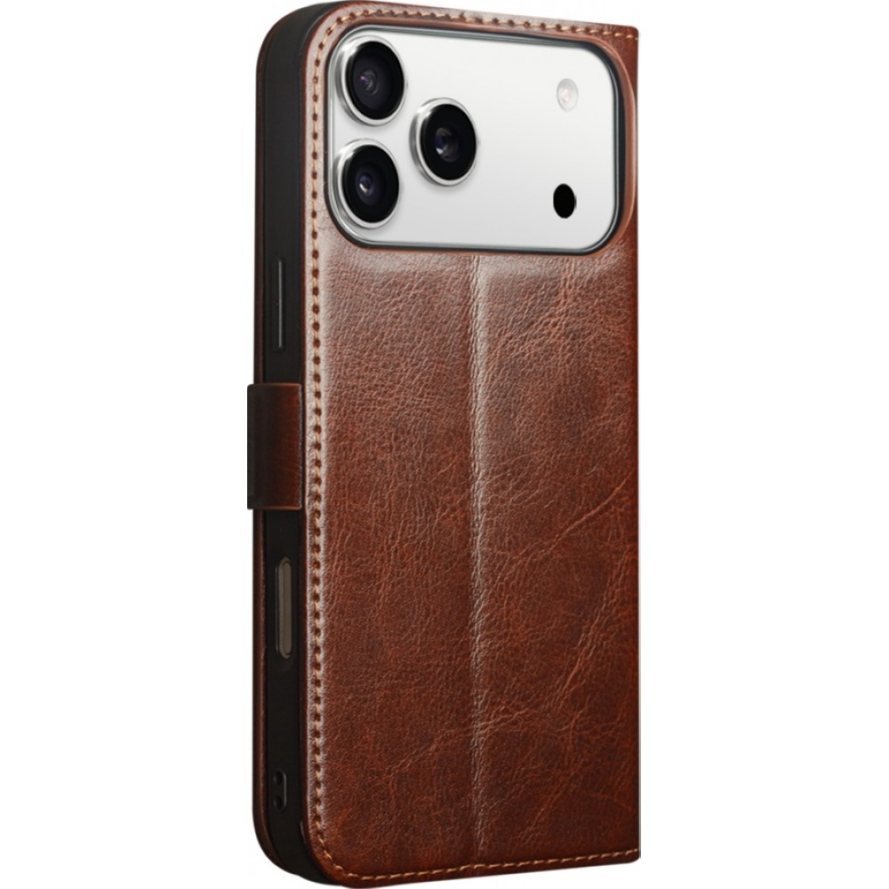 iPhone 17 Pro Case Hülle - Flip Qialino Echtleder mit magnetischem Verschluss - Braun