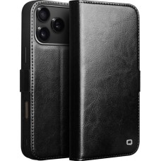 iPhone 17 Pro Case Hülle - Flip Qialino Echtleder mit magnetischem Verschluss - Schwarz