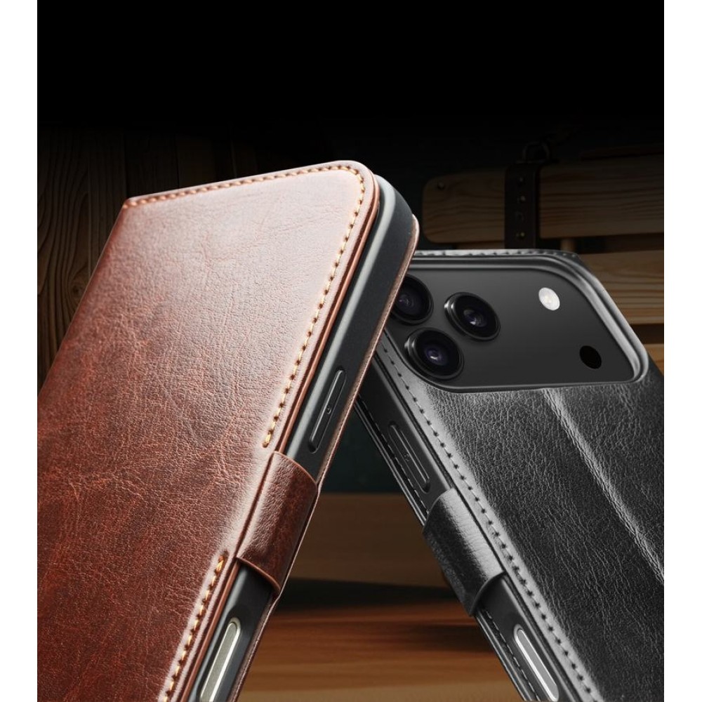 iPhone 17 Pro Case Hülle - Flip Qialino Echtleder mit magnetischem Verschluss - Schwarz