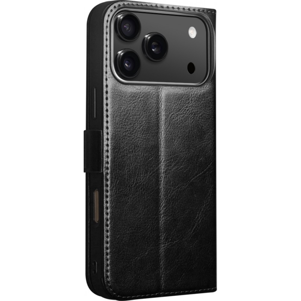 iPhone 17 Pro Case Hülle - Flip Qialino Echtleder mit magnetischem Verschluss - Schwarz