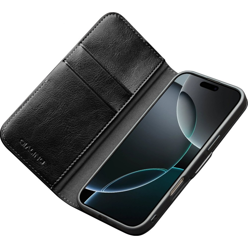 iPhone 17 Pro Case Hülle - Flip Qialino Echtleder mit magnetischem Verschluss - Schwarz