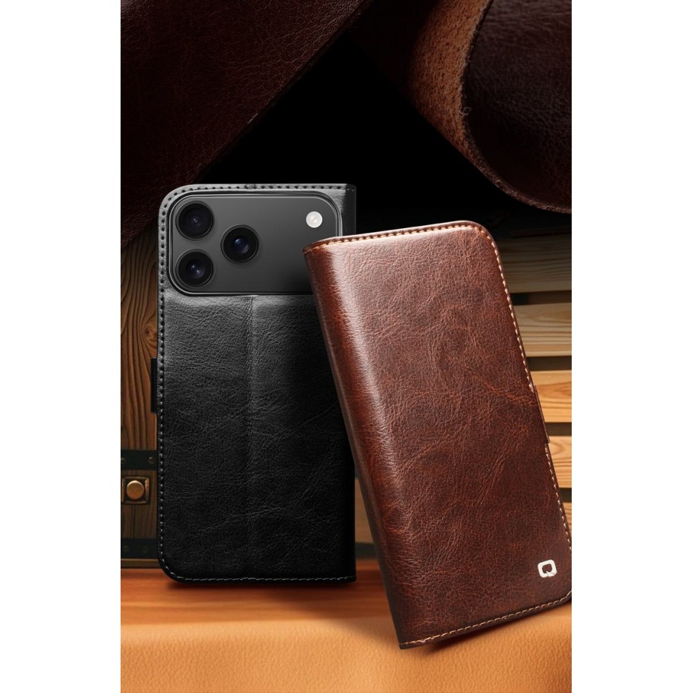 iPhone 17 Pro Case Hülle - Flip Qialino Echtleder mit magnetischem Verschluss - Schwarz