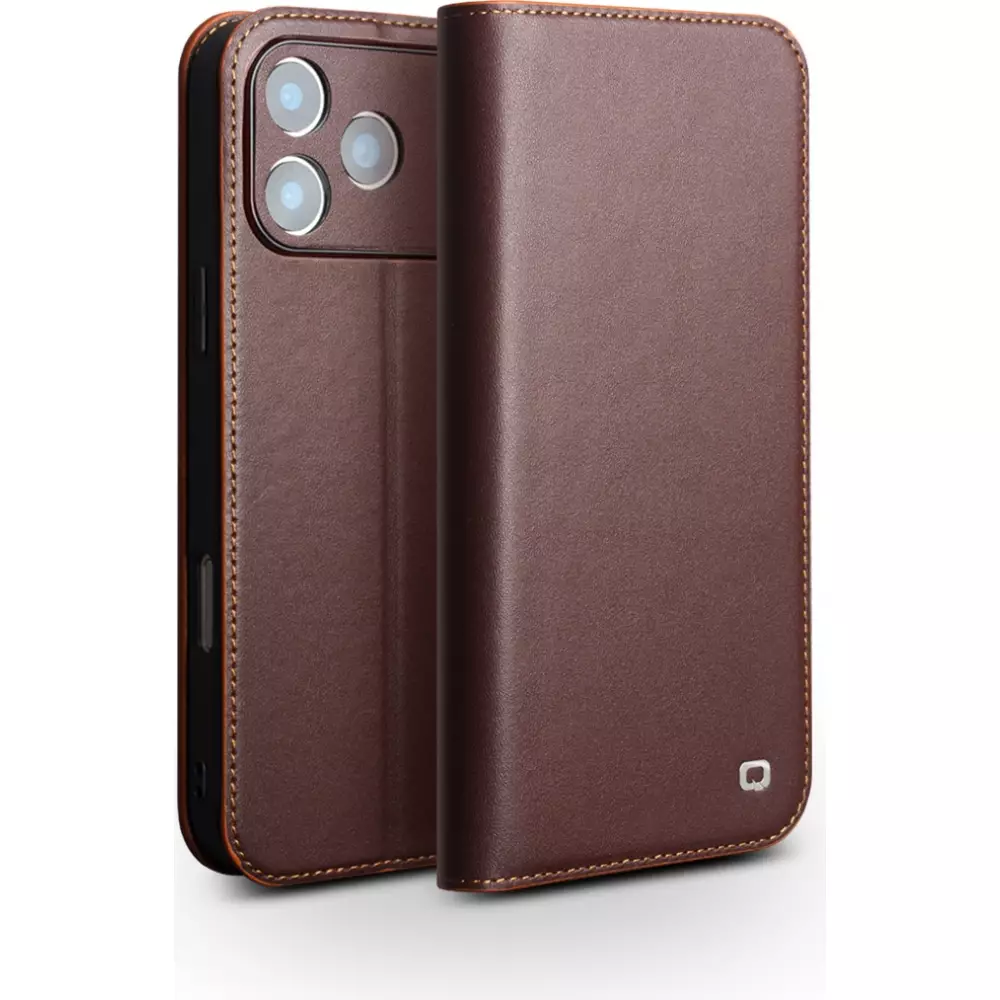 iPhone 17 Pro Case Hülle - Qialino Flip Matt Wallet Echtleder - Braun
