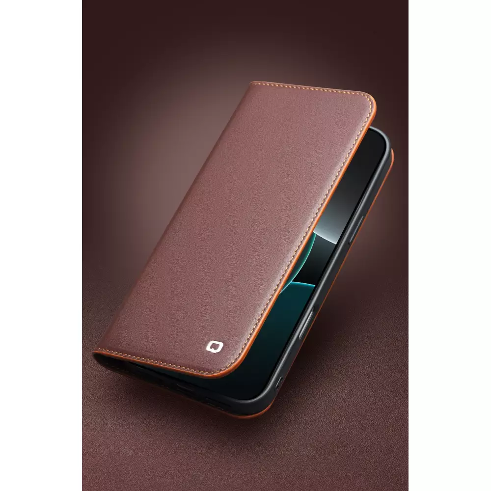 iPhone 17 Pro Case Hülle - Qialino Flip Matt Wallet Echtleder - Braun