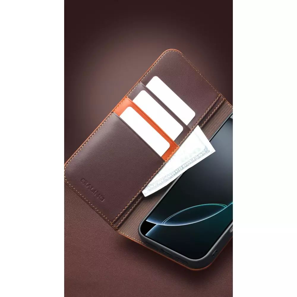 iPhone 17 Pro Case Hülle - Qialino Flip Matt Wallet Echtleder - Braun