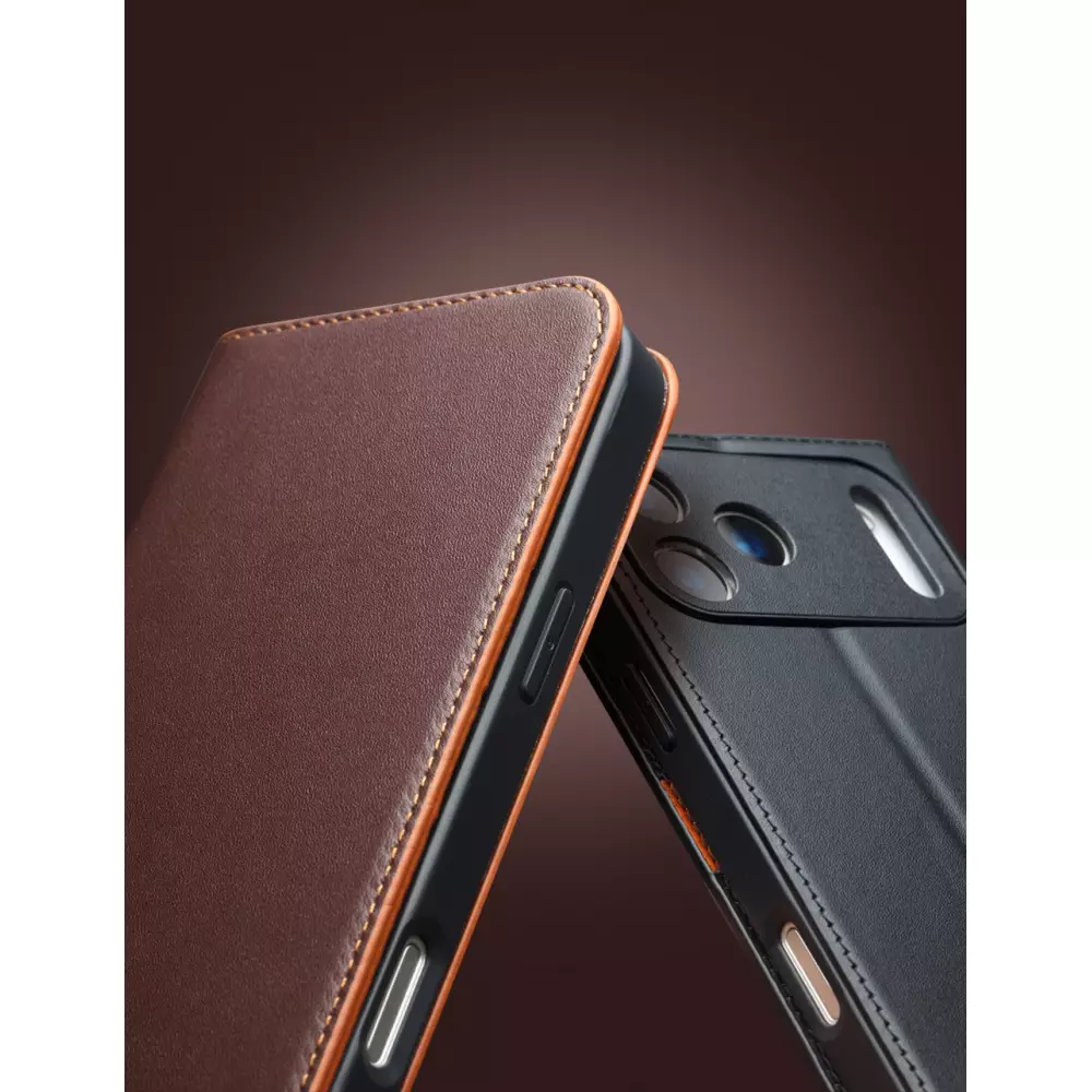 iPhone 17 Pro Case Hülle - Qialino Flip Matt Wallet Echtleder - Braun