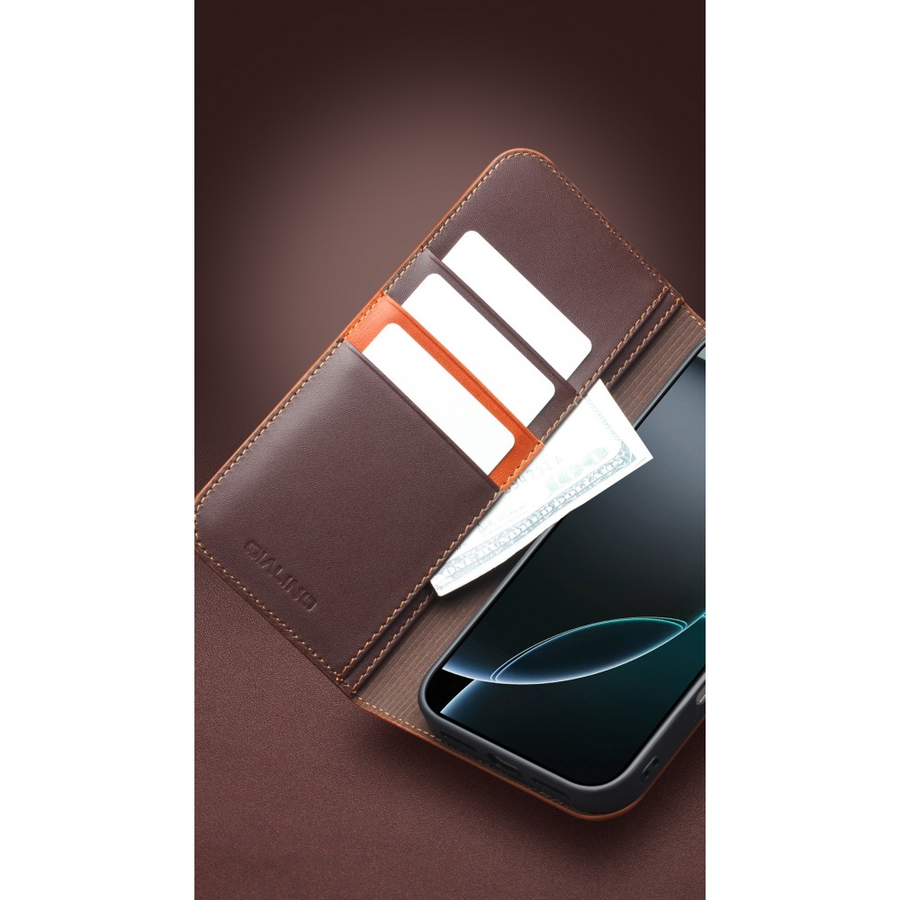 iPhone 17 Pro Case Hülle - Qialino Flip Matt Wallet Echtleder - Schwarz