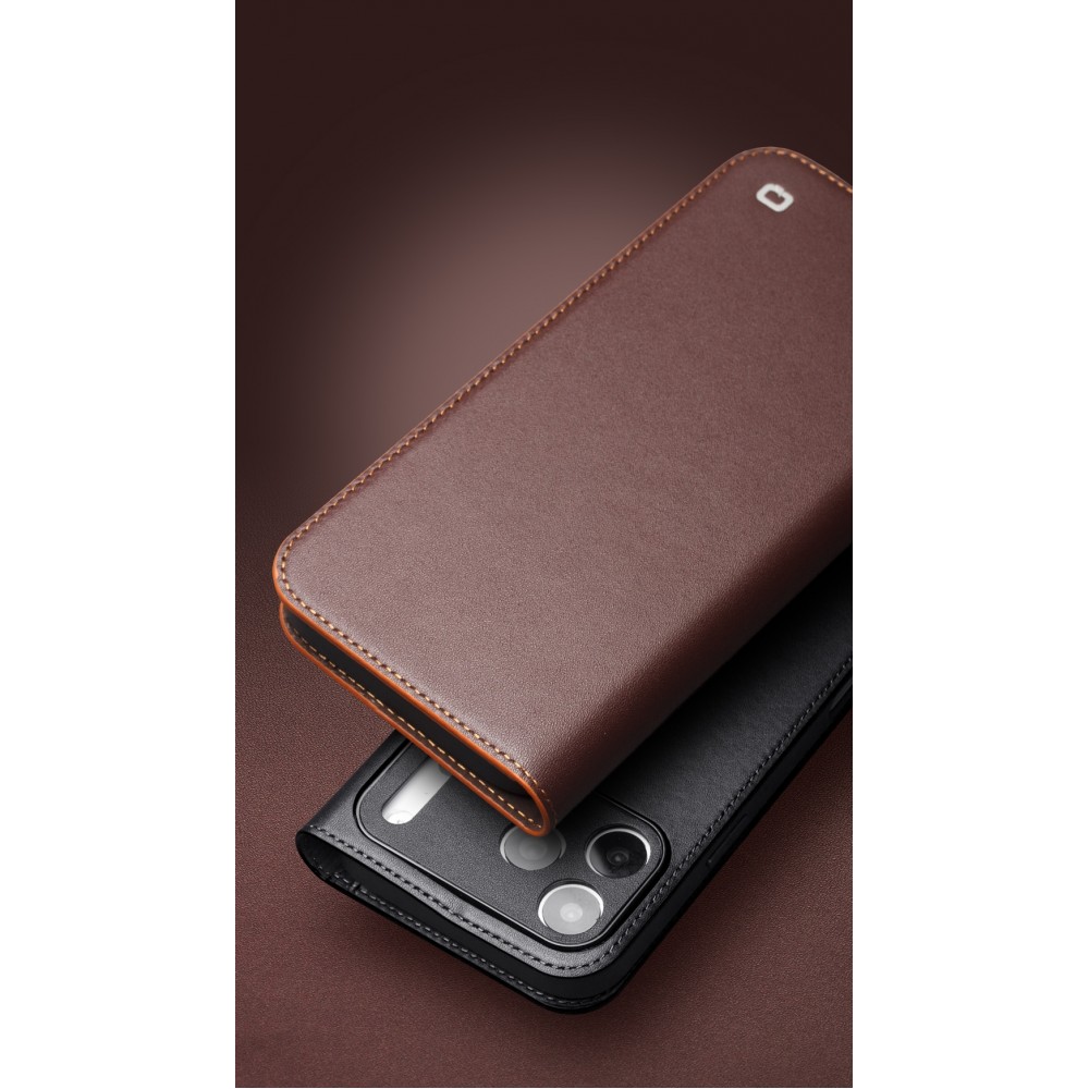 iPhone 17 Pro Case Hülle - Qialino Flip Matt Wallet Echtleder - Schwarz