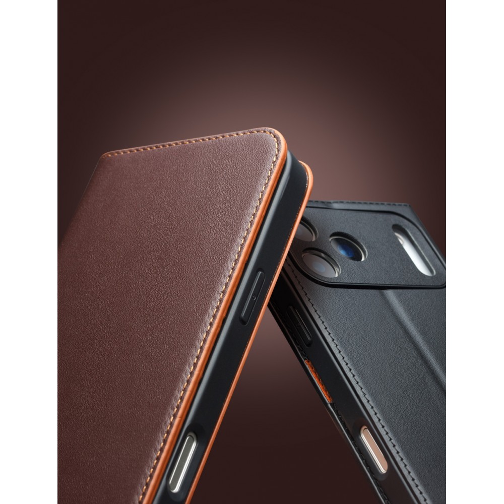 iPhone 17 Pro Case Hülle - Qialino Flip Matt Wallet Echtleder - Schwarz