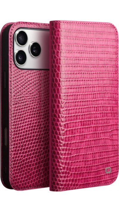 iPhone 17 Pro Max Case Hülle - Qialino Croco Flip Echtleder - Rosa
