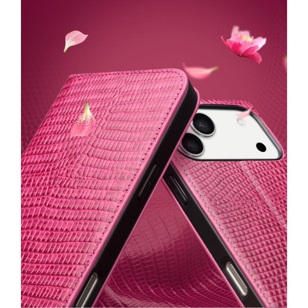 iPhone 17 Pro Max Case Hülle - Qialino Croco Flip Echtleder - Rosa