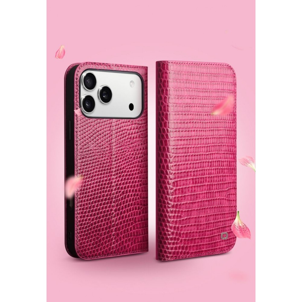 iPhone 17 Pro Max Case Hülle - Qialino Croco Flip Echtleder - Rosa