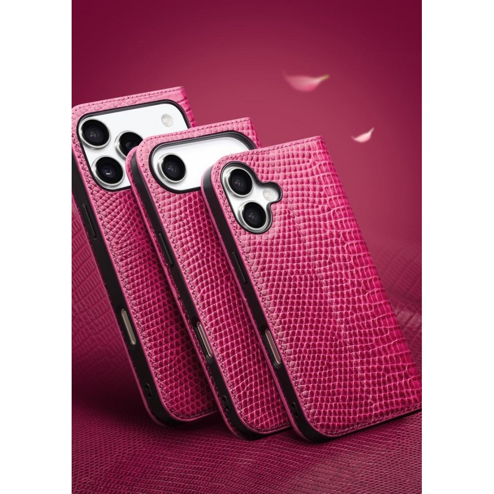 iPhone 17 Pro Max Case Hülle - Qialino Croco Flip Echtleder - Rosa