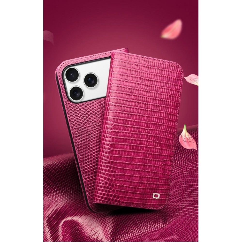 iPhone 17 Pro Max Case Hülle - Qialino Croco Flip Echtleder - Rosa